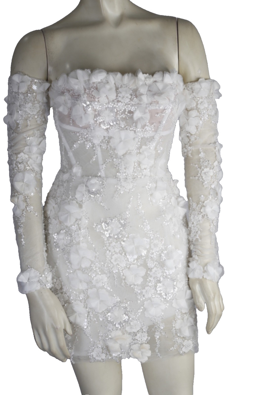 White 3D Floral Applique Corset Mini Dress Off Shoulder Long Sleeve Bridal S